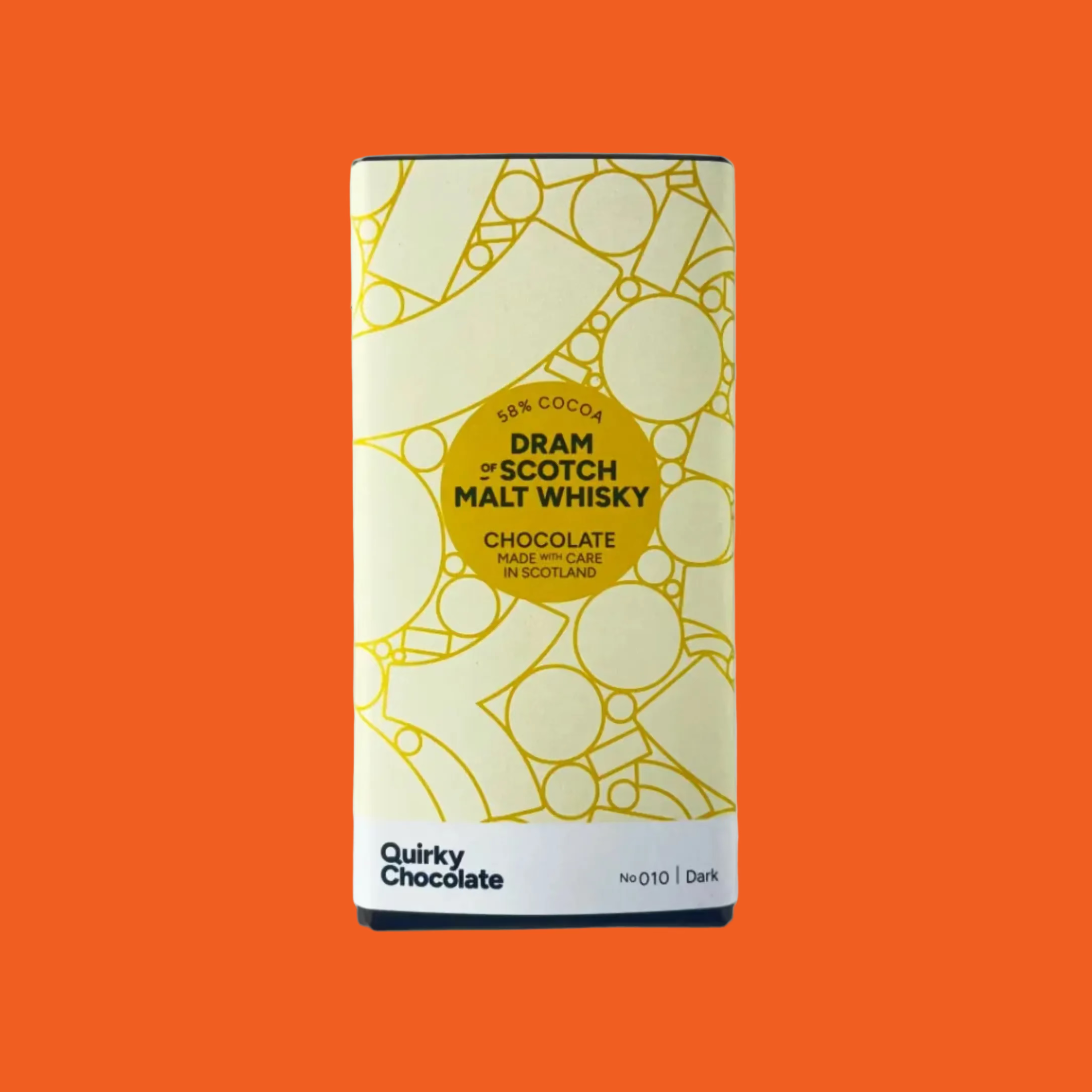 Quirky Chocolate bar packaging with yellow and white design on a orange background

