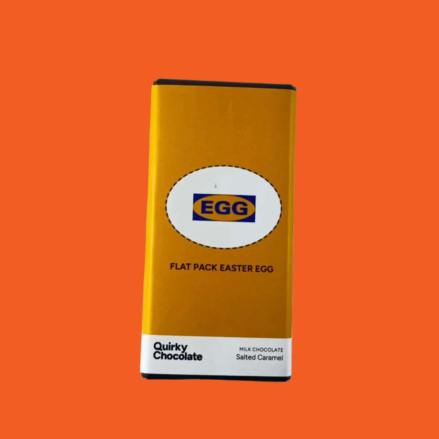 Quirky Chocolate EGG Flat Pack Easter Egg packaging on a orange background

