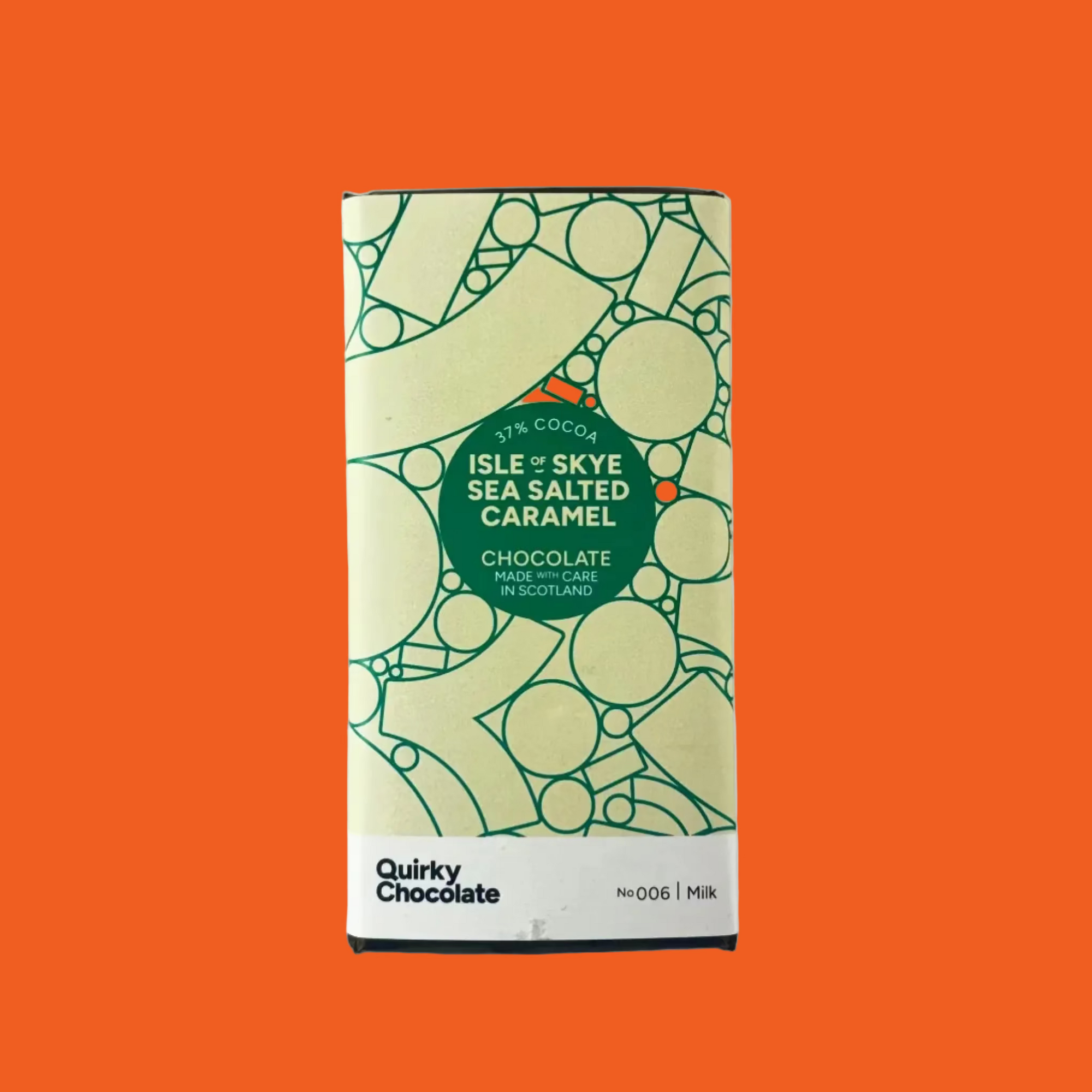 Chocolate bar packaging with green and white design on a orange background