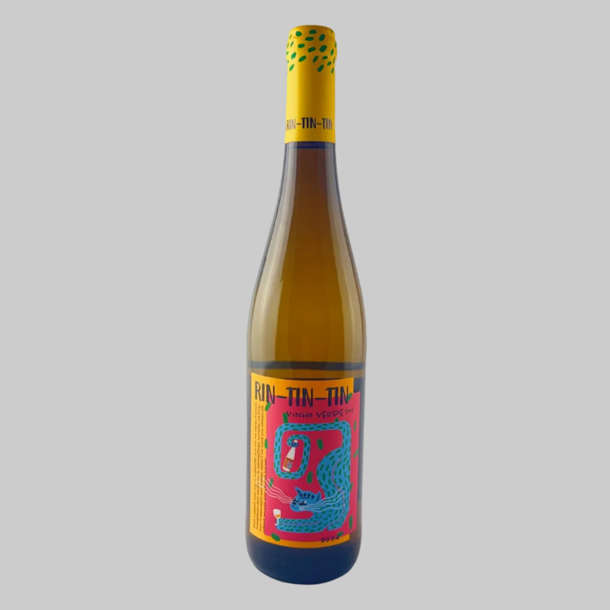 Bottle of Rin Tin Tin Vinho Verde with a colourful label on a grey background