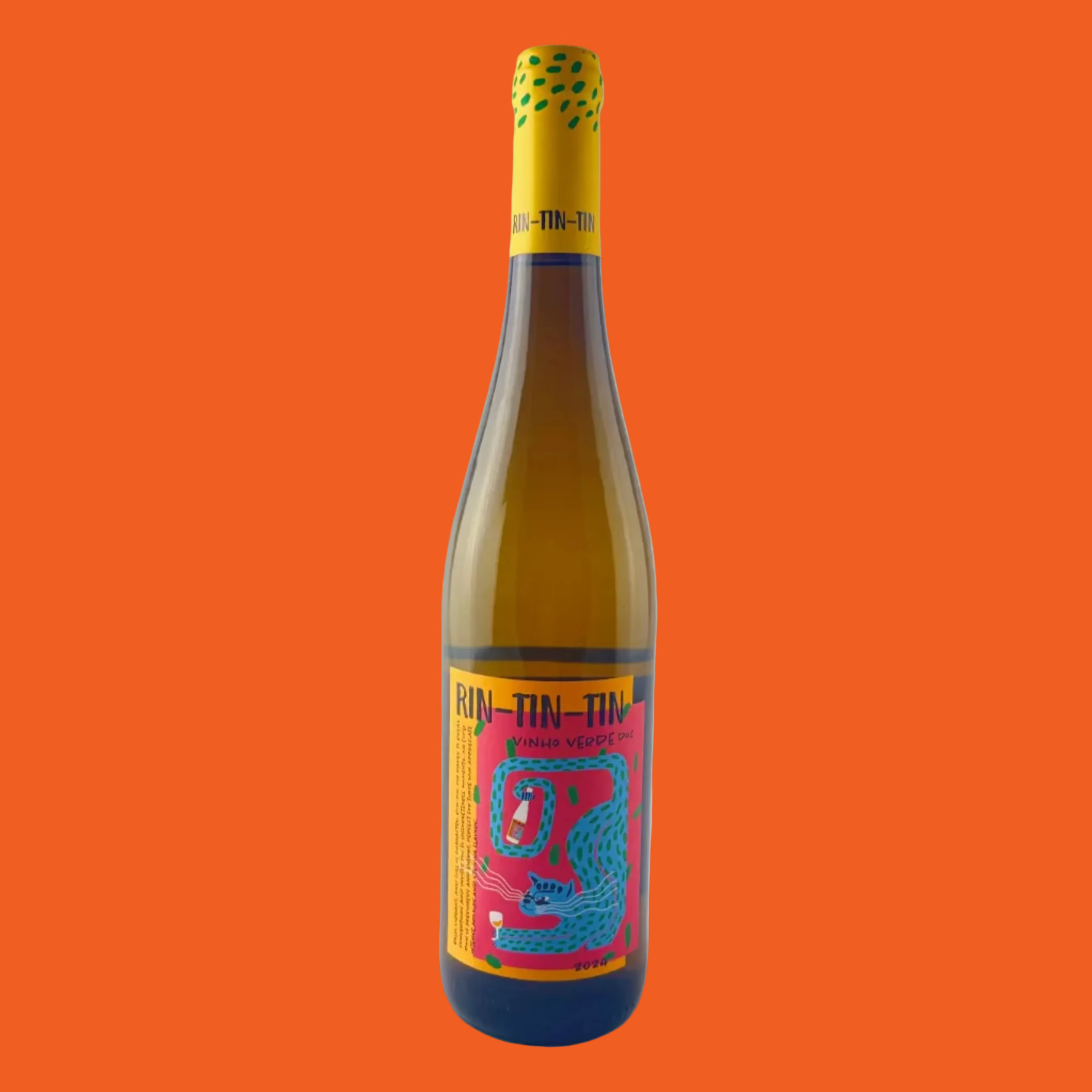 Wine bottle with colourful label on a orange background