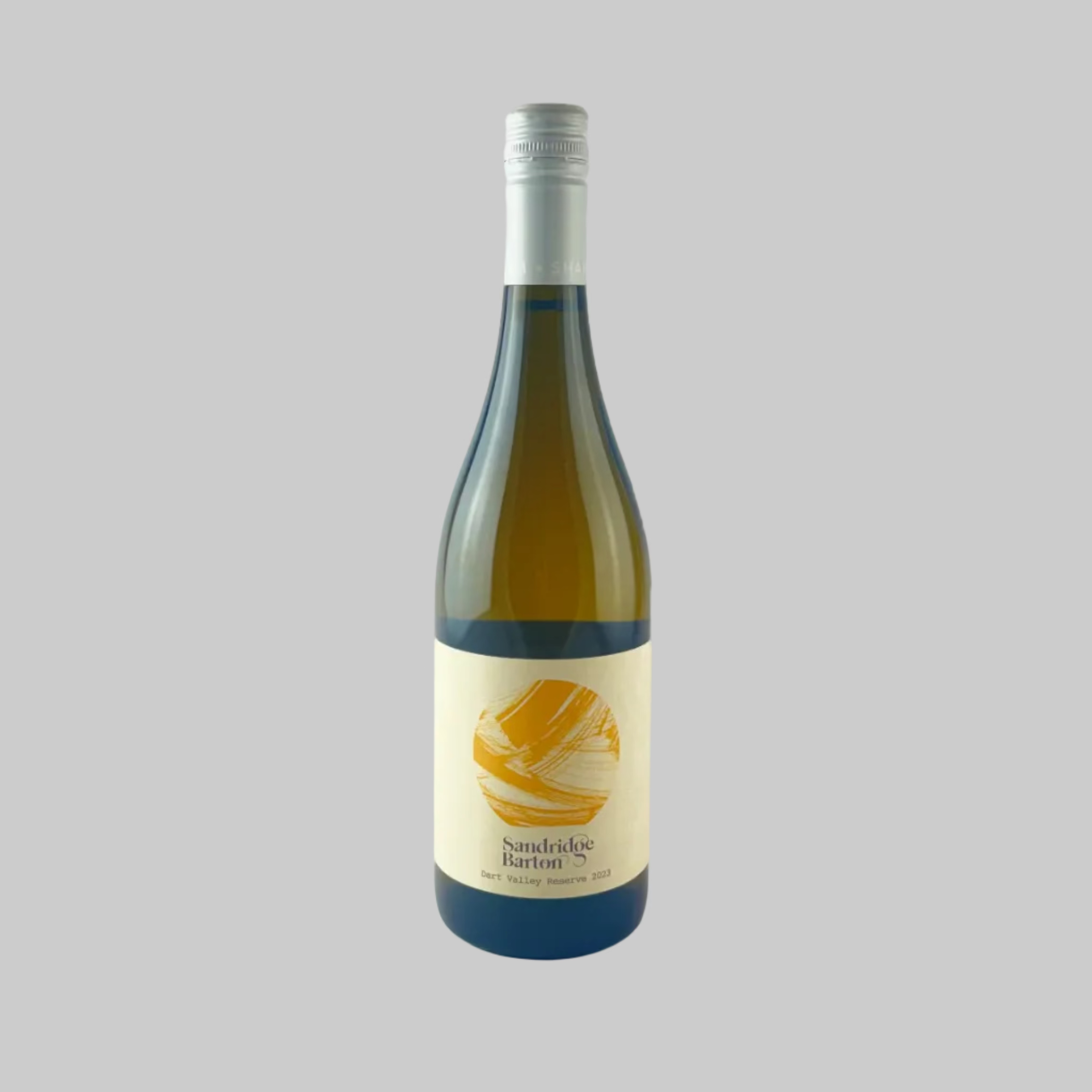 Bottle of Sandbridge Barton Dart Valley Reserve 2023 with a simple yellow label on a grey background
