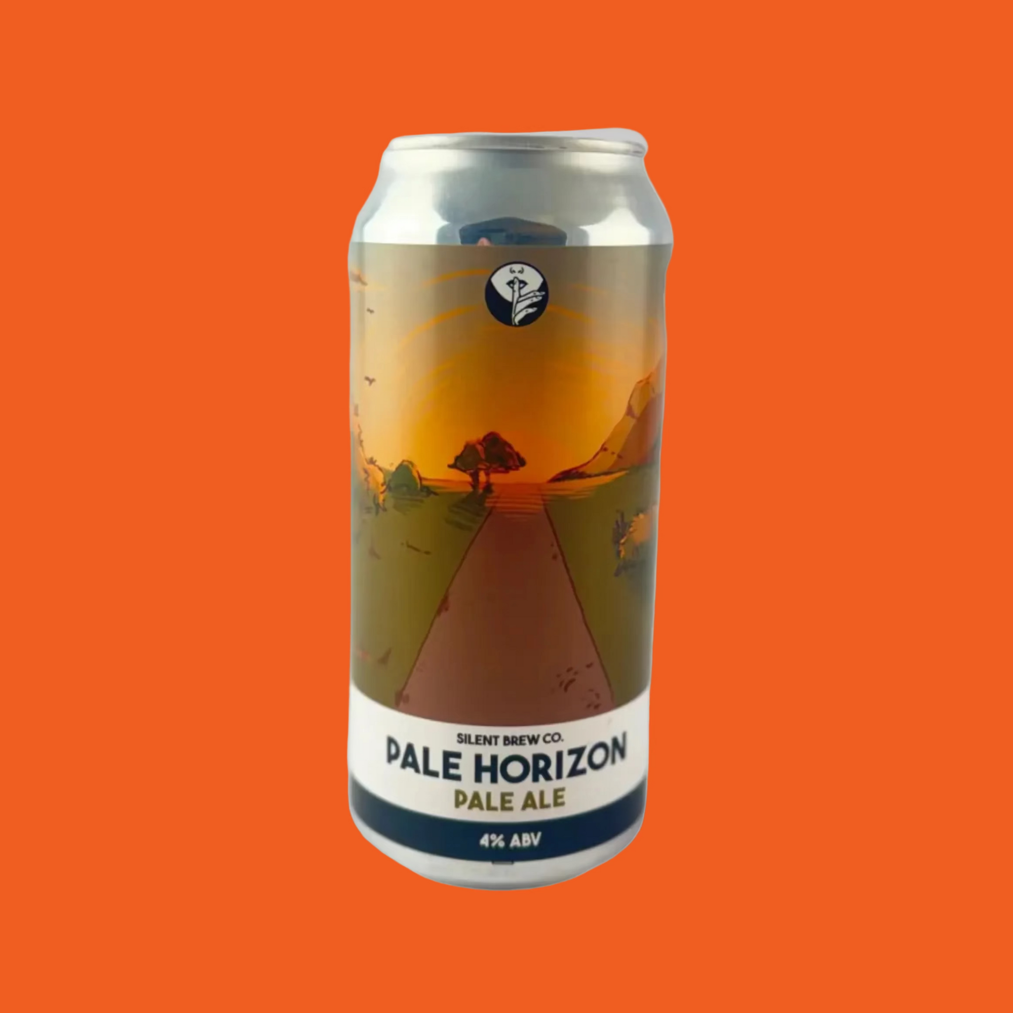 Can of Silent Brew Co. Pale Horizon Pale Ale with a scenic design on a orange background