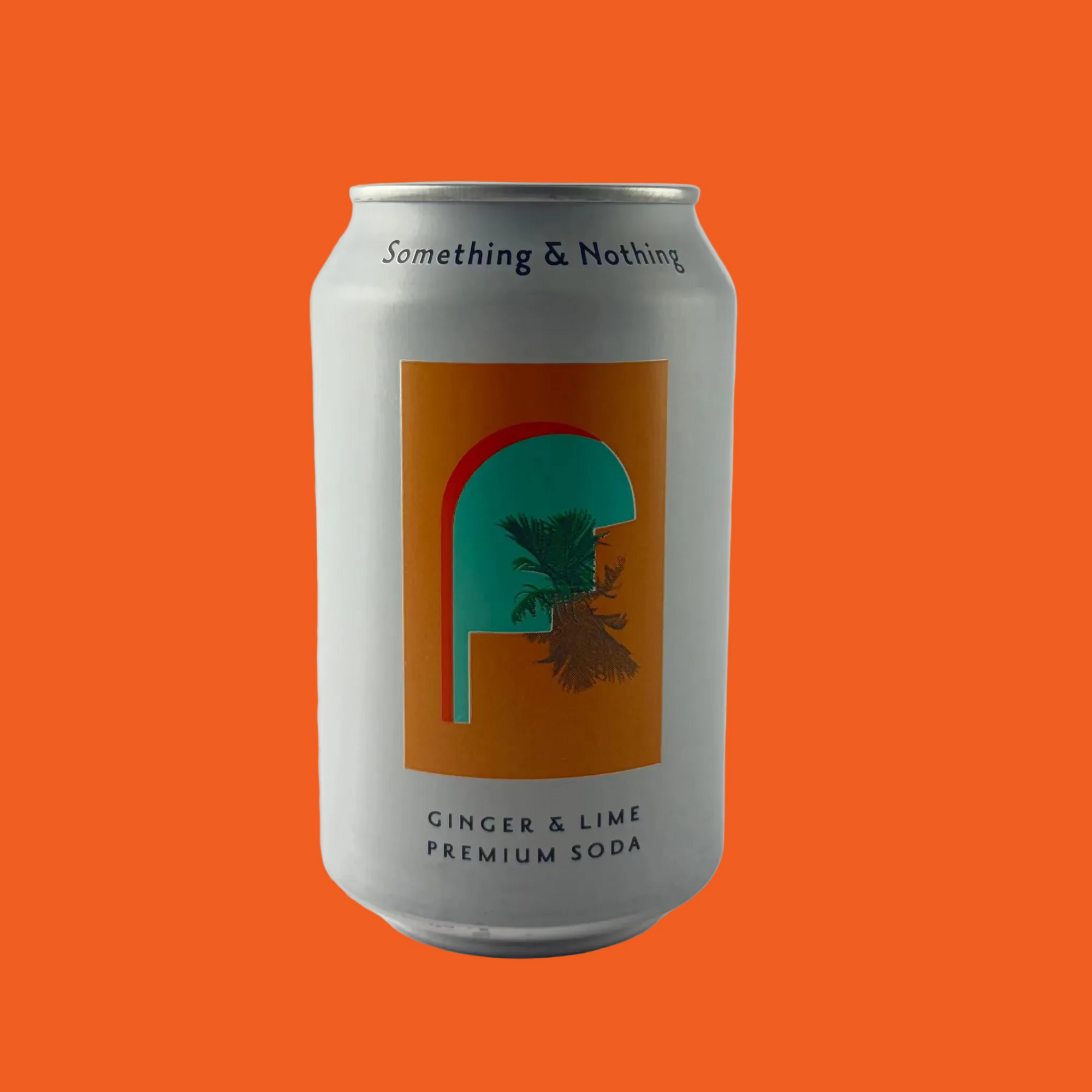 Can of 'Something & Nothing' ginger lime premium soda on a orange background

