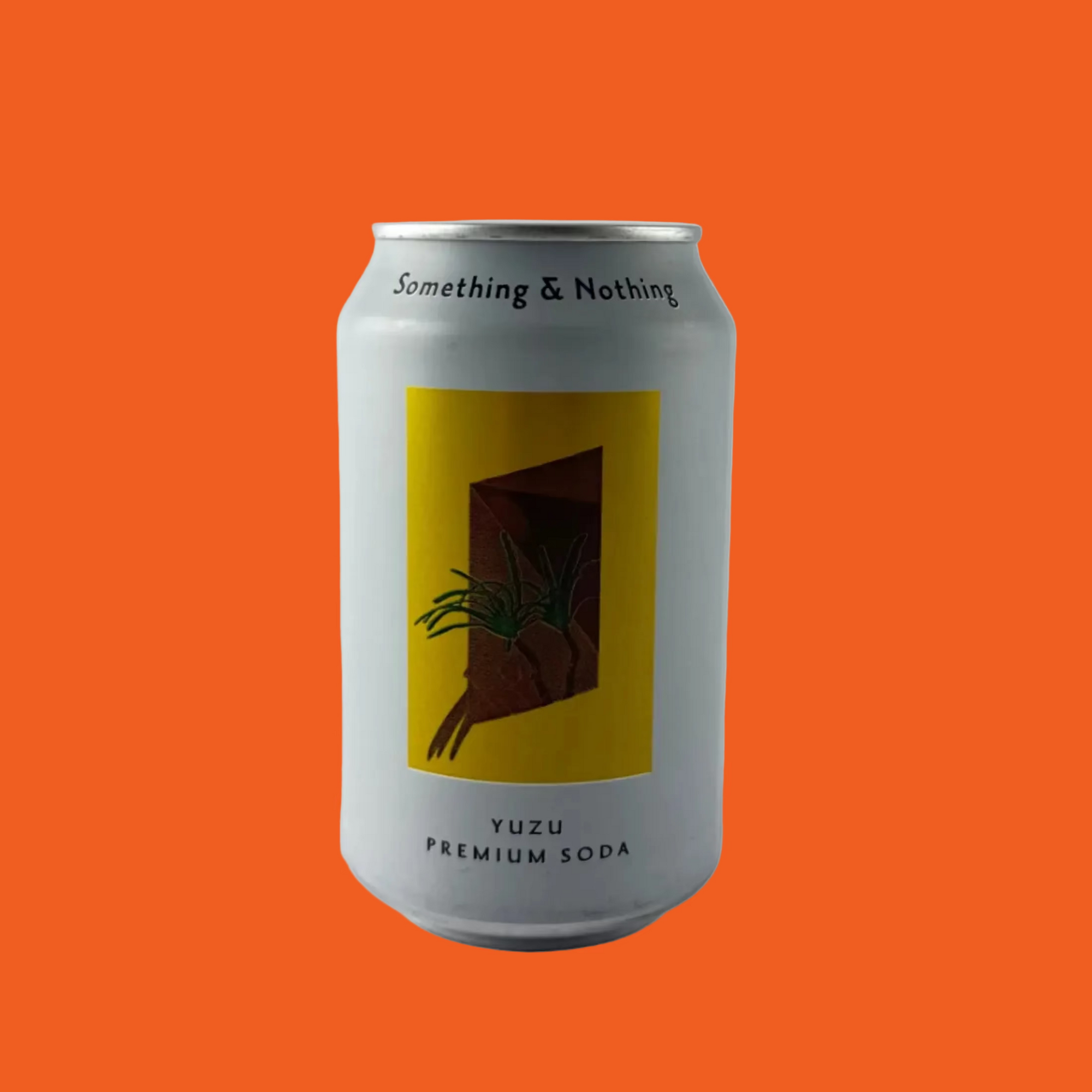 Can of Something & Nothing Yuzu Premium Soda on a light orange  background
