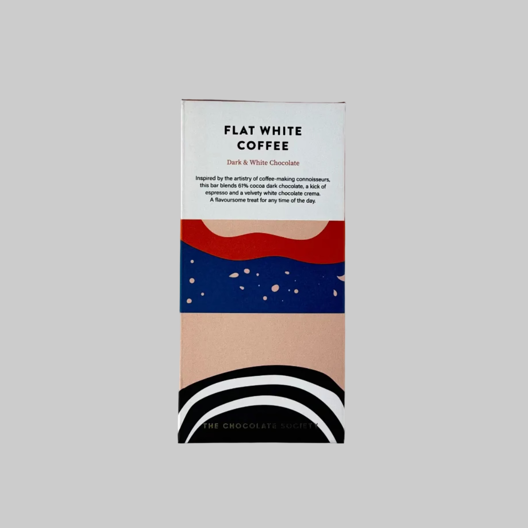 Bar of The Chocloate Society Flat White Coffee Chocolate with colourful label on a grey background