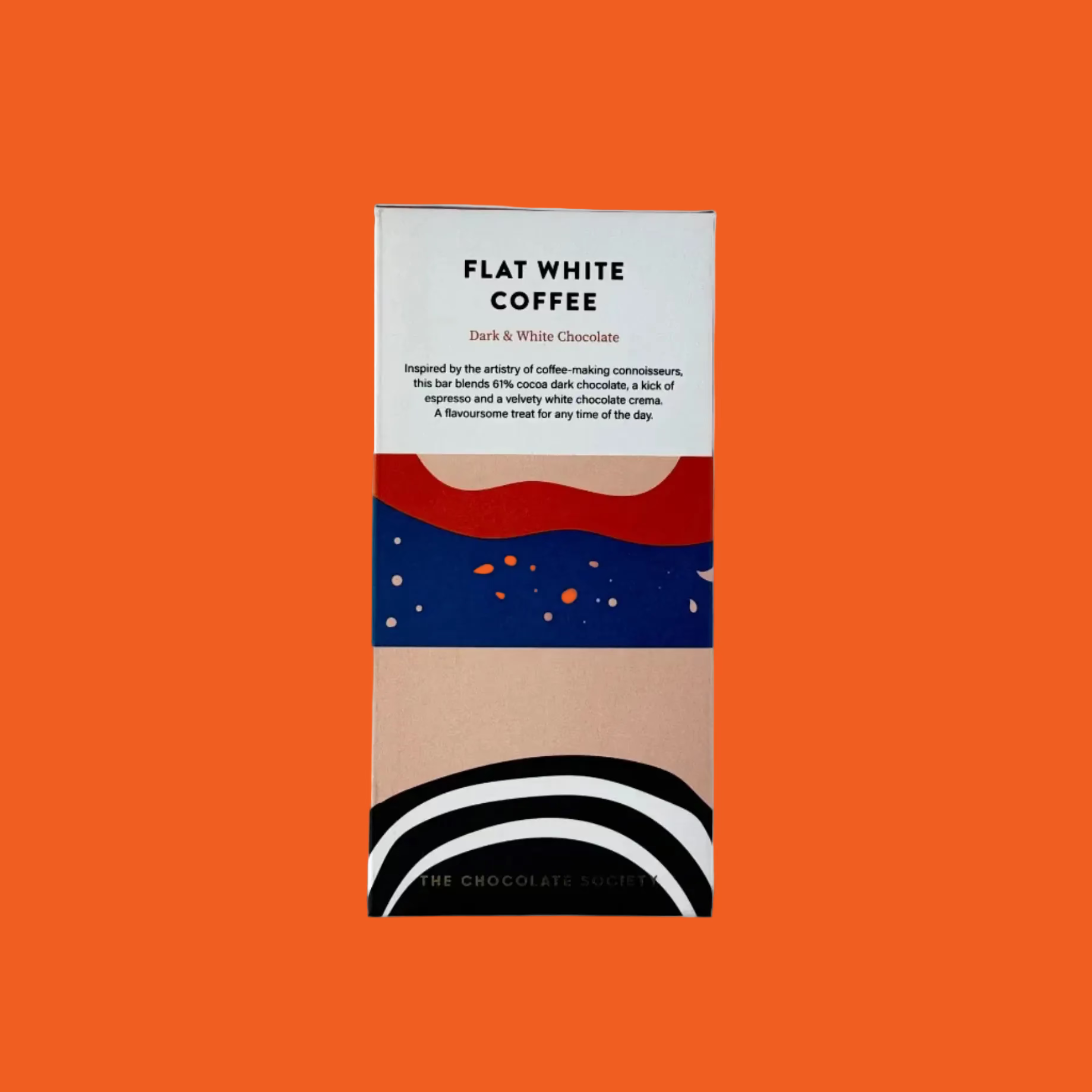 Chocolate bar with abstract design and text on a orange background