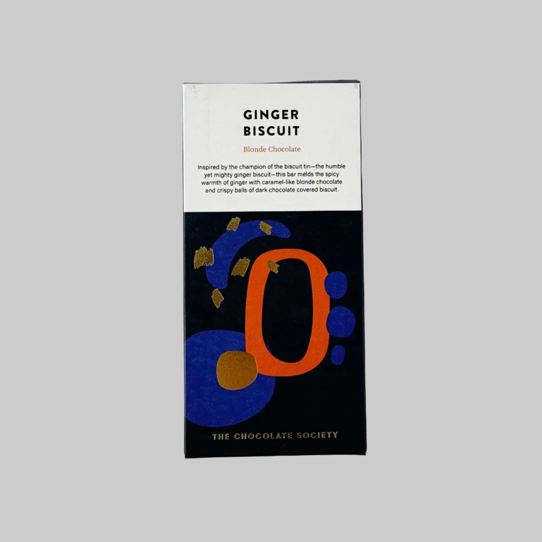 A bar of Ginger Biscuit Chocolate from The Chocolate Society with a colourful packaging on a grey background