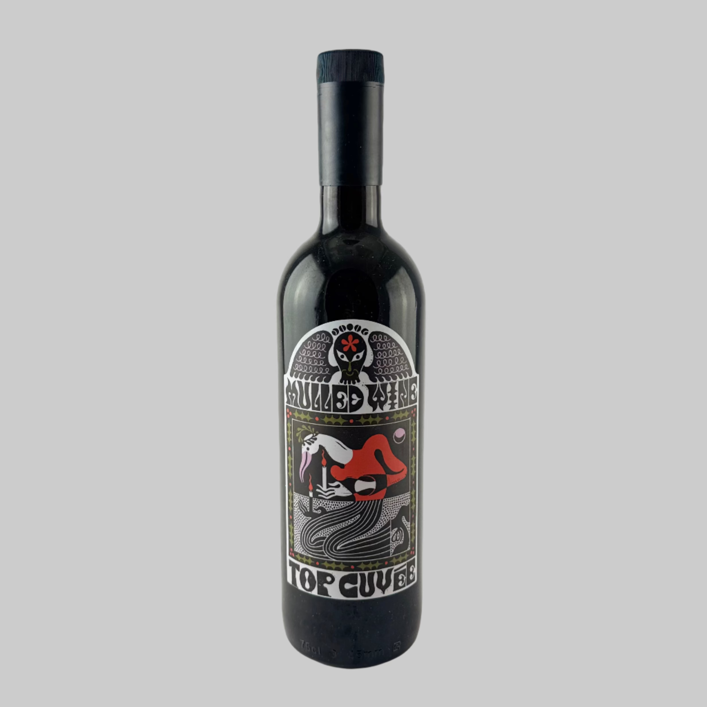 Bottle of Top Cuvee Mulled wine with white & black label on grey background