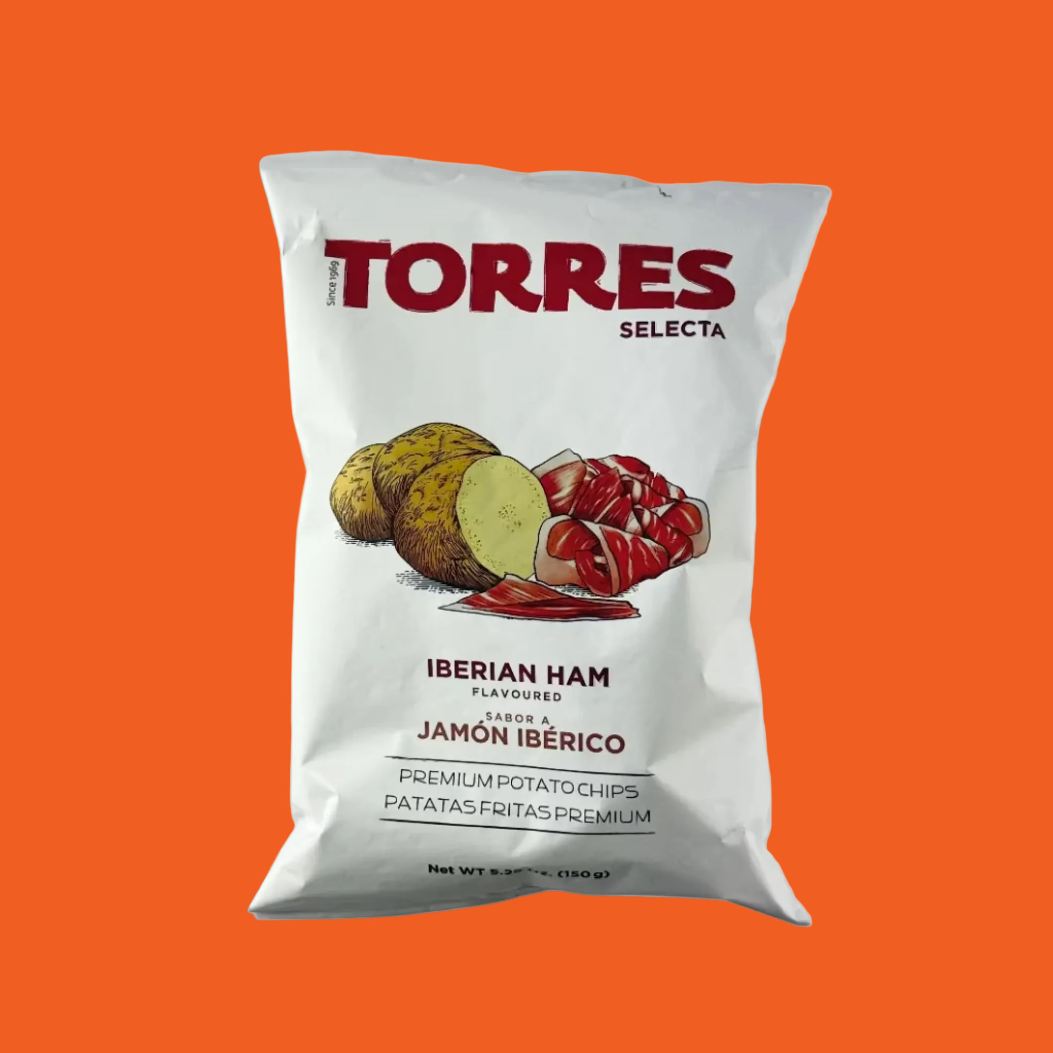 Packaging of Torres Selecta Iberian Ham flavored potato chips on a orange background