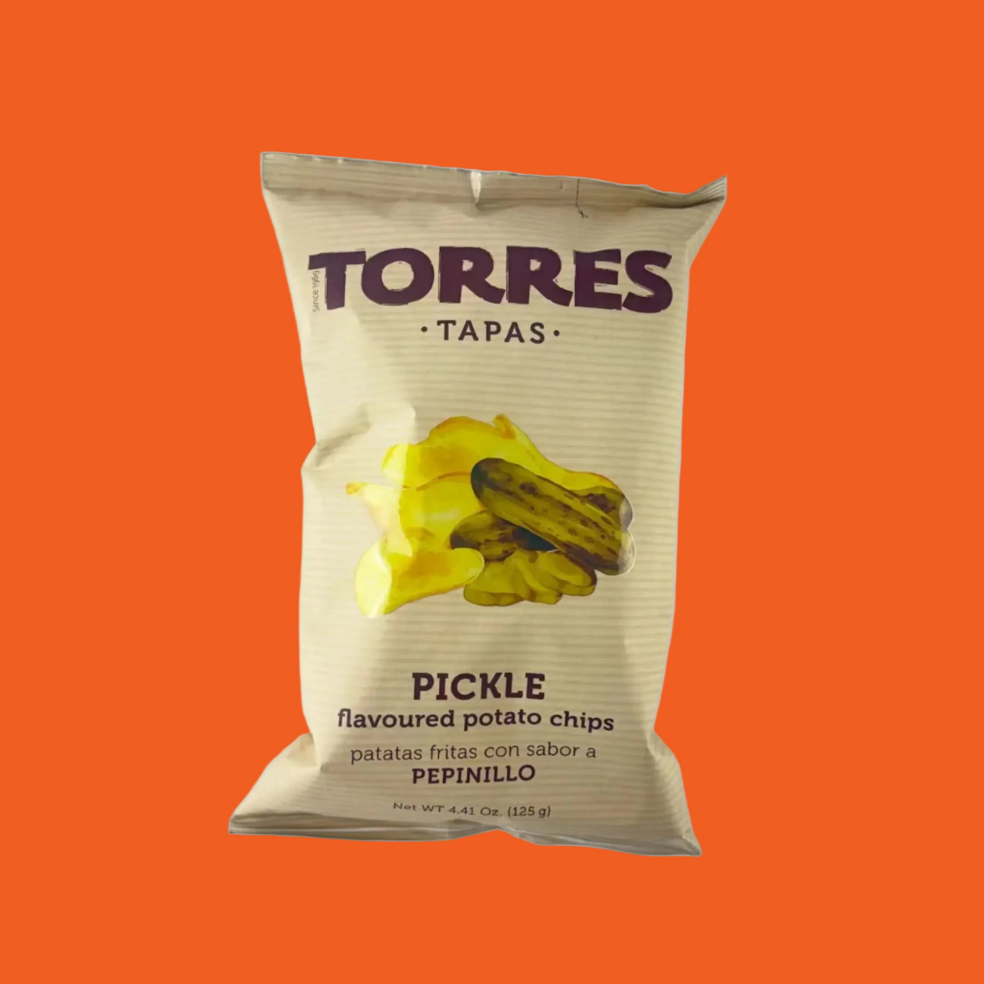 Pack of Torres Pickle Flavoured Potato Chips on a orange background

