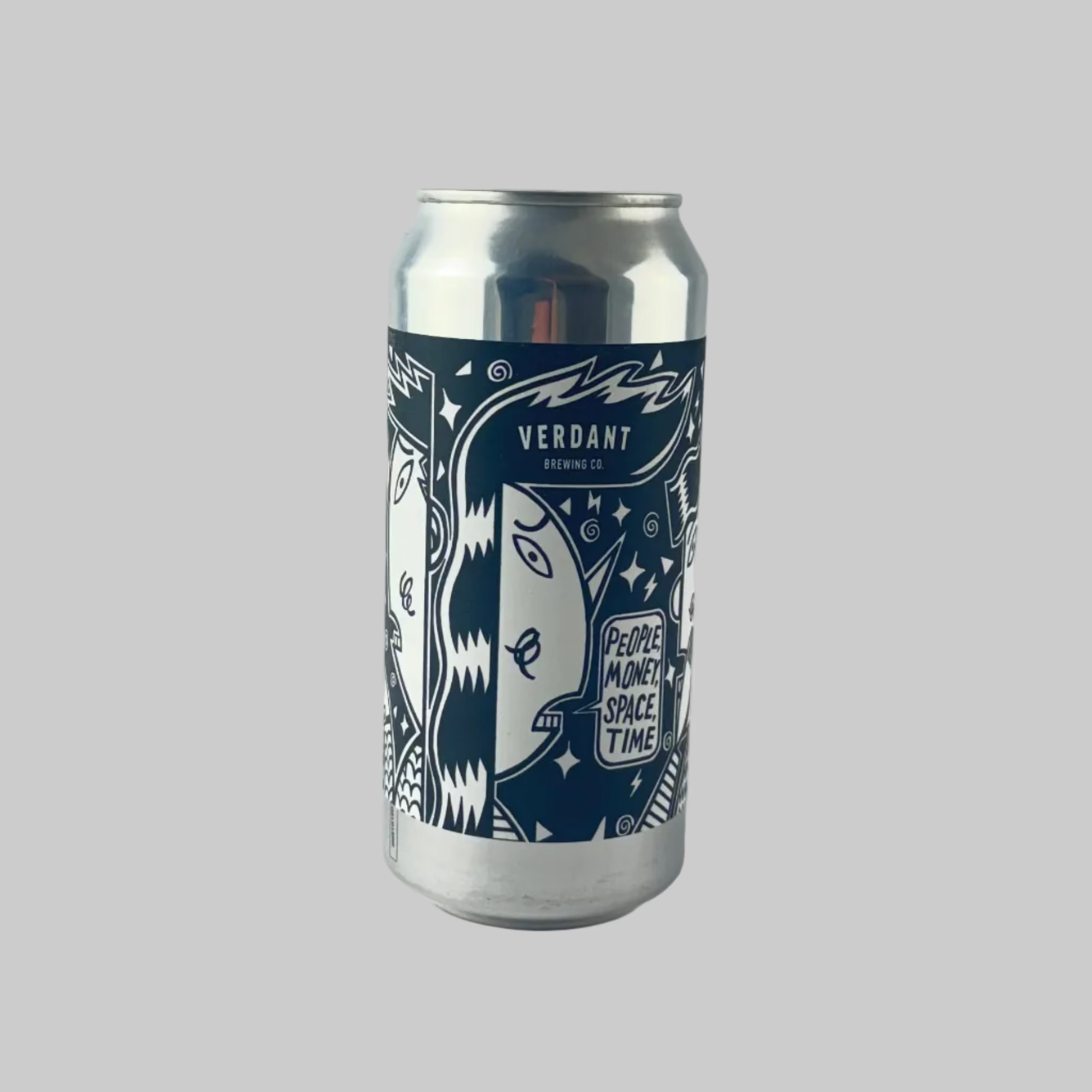 Silver can of Verdant People Money Space Time with blue design on a grey background

