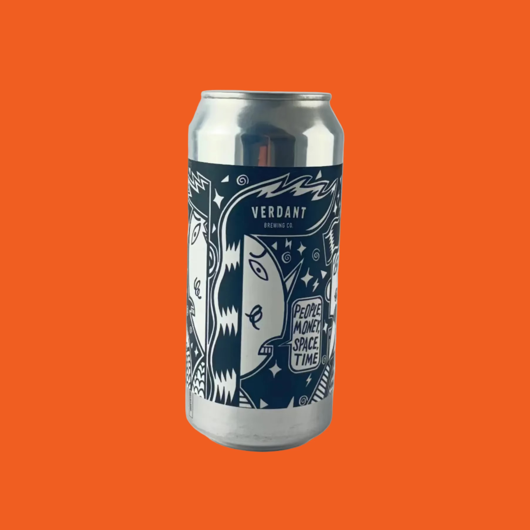 Silver can with blue label featuring 'Verdant Brewing Co' on a orange background