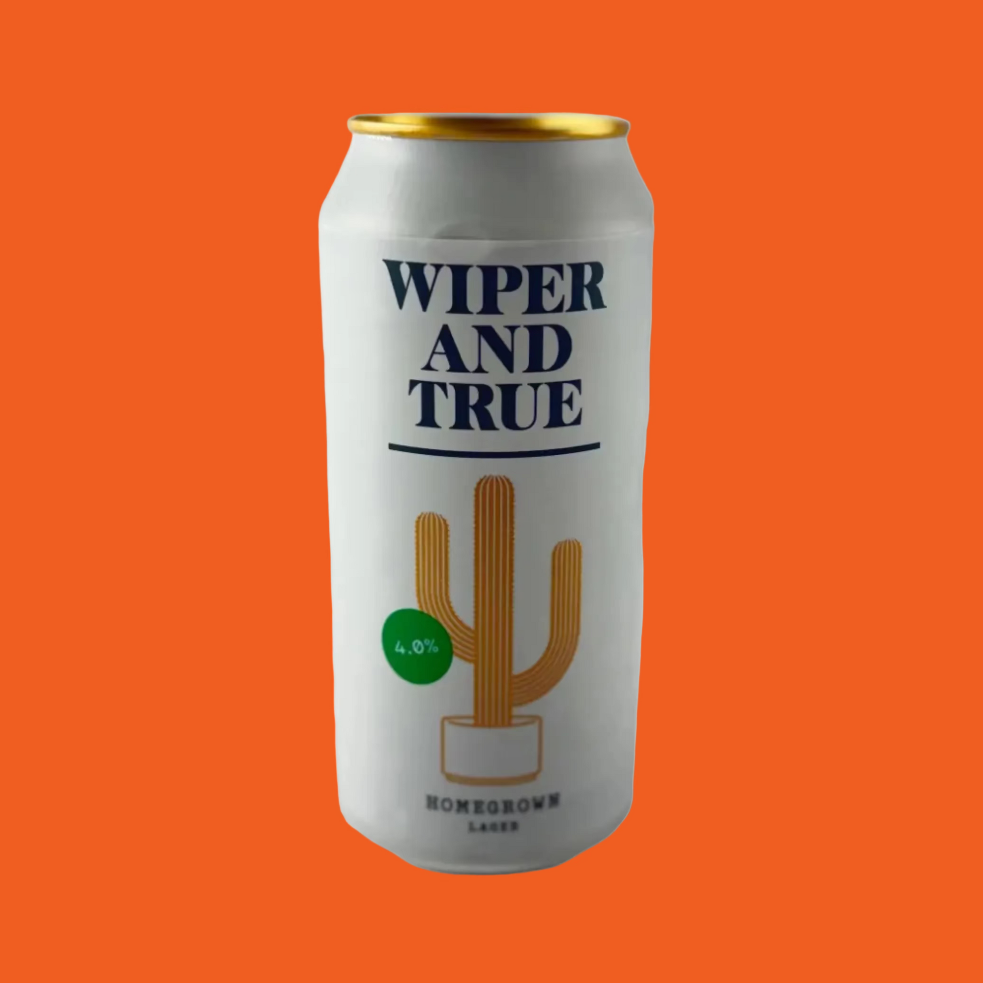Can of 'Wiper and True' beer with a cactus design on a orange background

